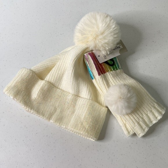 BP Nordstrom Ivory Multi Color Metallic Pom Pom Beanie Hat Wrist Warmer Set - Picture 10 of 11
